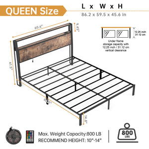 English Elm Queen Metal Platform Bed with Rgb Led Headboard Charging Station and Underbed Storage Brown T3963P483788