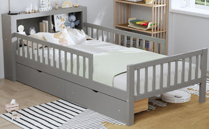 English Elm Twin Size Bed With Headboard Storage, Two Drawers & Safety Guardrails - Stylish Gray Design! N733P272374E-GIGA