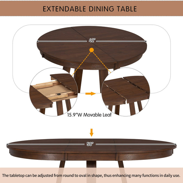 English Elm Trexm Retro 5 Piece Extendable Round Dining Set with Button Tufted Upholstered Chairs Walnut ST000094AAD-2026