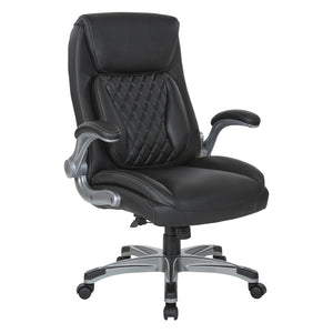 OSP Home Furnishings Executive Tufted Bonded Leather Office Chair with Lumbar Support and Flip up Arms Black ECH75137-EC3