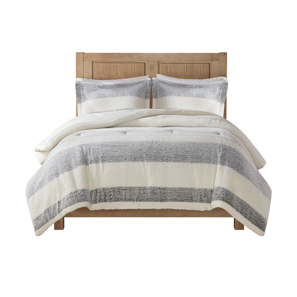 English Elm King/Cal Plush Striped Sherpa Comforter Set - Farmhouse Rustic Reversible Green-Grey, Oeko-Tex Cozy B035129370