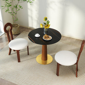 English Elm Modern Round Dining Table - 33.5" Sintered Stone With Wooden Legs & Gold Base For Small Spaces W1535S00569