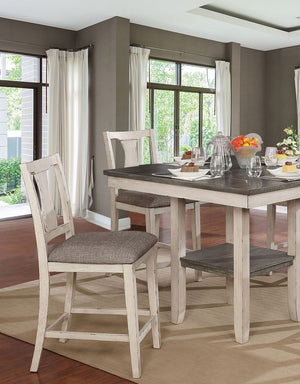 English Elm Dining Rustic Country Counter Height 5pc Dining Set with Plank Table, Open Shelf & Padded Chairs Antique White+Gray,Gray 45 L x 45 W x 21 H B2741P301879