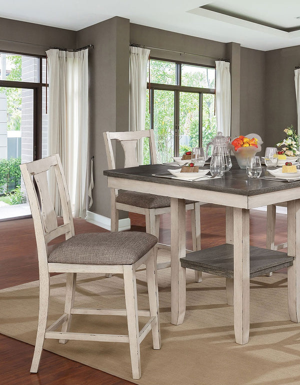 English Elm Dining Rustic Country Counter Height 5pc Dining Set with Plank Table, Open Shelf & Padded Chairs Antique White+Gray,Gray 45 L x 45 W x 21 H B2741P301879