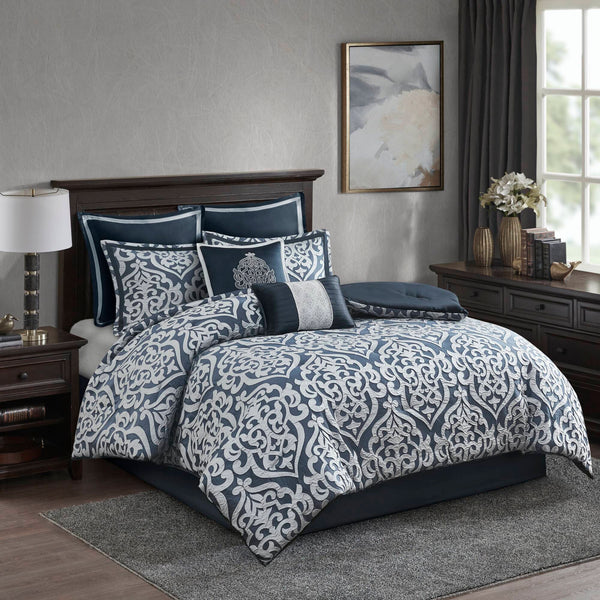 JLA Home Madison Park - 8 Jacquard Comforter Set with Damask Medallion Design, Reversible Satin-Ground Ensemble, Euro Shams & Pillows Navy/Silver MP10-6836