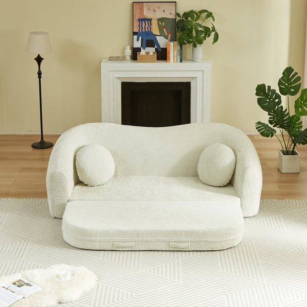 English Elm 86-inch Curved Chenille Convertible Sofa Recliner Frameless Folding Two-seater for Living Room Beige W3505P452816