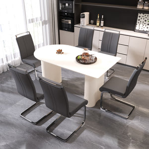 English Elm 63" Cream Mdf Dining Table Set With 6 Pu Armless Chairs & Silver Metal Legs - Modern Elegance! W2189S00434