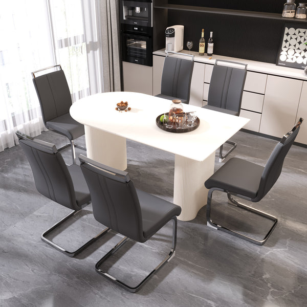 English Elm 63" Cream Mdf Dining Table Set With 6 Pu Armless Chairs & Silver Metal Legs - Modern Elegance! W2189S00434