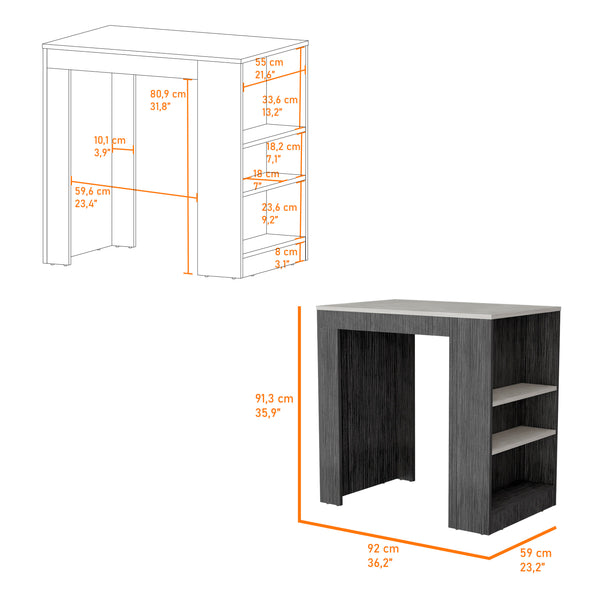 English Elm Harlan Counter Height Kitchen Island with 23.2"x36.2" Top, 3-Side Shelves, Smokey Oak Ibiza Marble Finish B128P176122