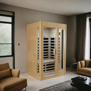 English Elm Hemlock Wood Two Person Far Infrared Indoor Sauna with Bluetooth and Led Lighting W2611S00002