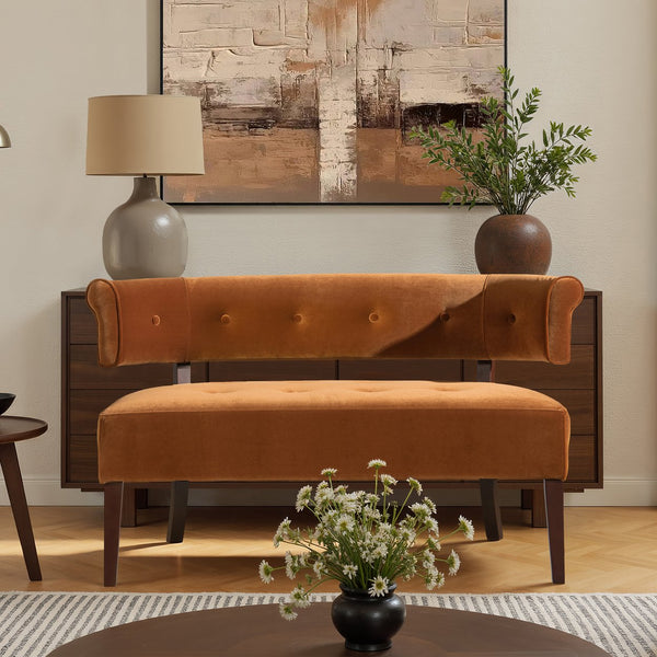 English Elm Jennifer Taylor Home - Jared Mid-Century Tufted Bench Settee in Performance Velvet — Kiln-Dried Frame, Plush Supportive Seating Burnt Orange B2719P355286