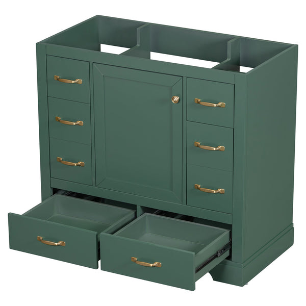 English Elm 36" Modern Bathroom Vanity Cabinet Base with Six Drawers, Adjustable Shelf & Drawer Organizer Green WF307973AAF