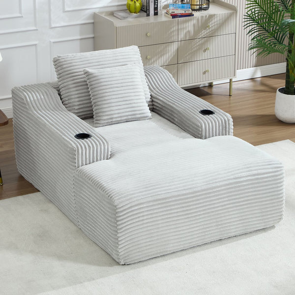 English Elm 67" Corduroy Oversized Chaise Sleeper Sofa Deep Seat Boneless Lounge with Cup Holder Pillows Light Grey W1803P409264