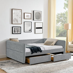 English Elm Daybed With Trundle - Stylish Upholstered Queen Sofa Bed In Grey Boucle With Storage Drawers W1413S00073