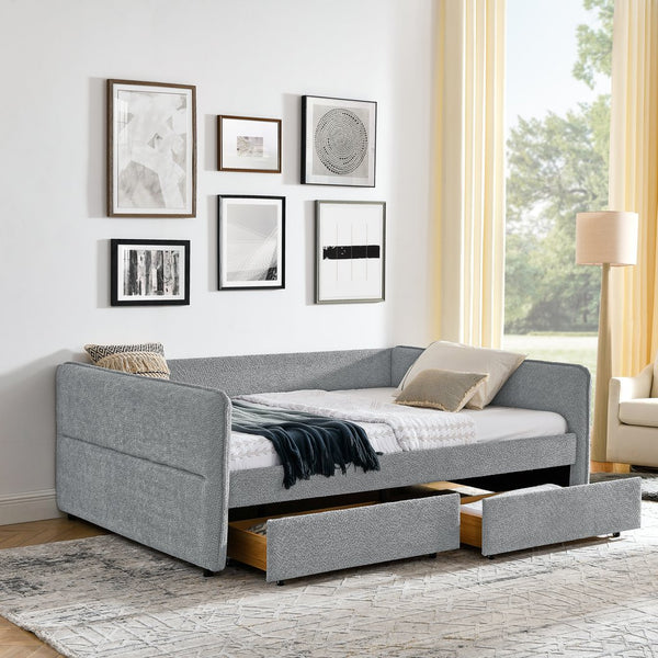 English Elm Daybed With Trundle - Stylish Upholstered Queen Sofa Bed In Grey Boucle With Storage Drawers W1413S00073