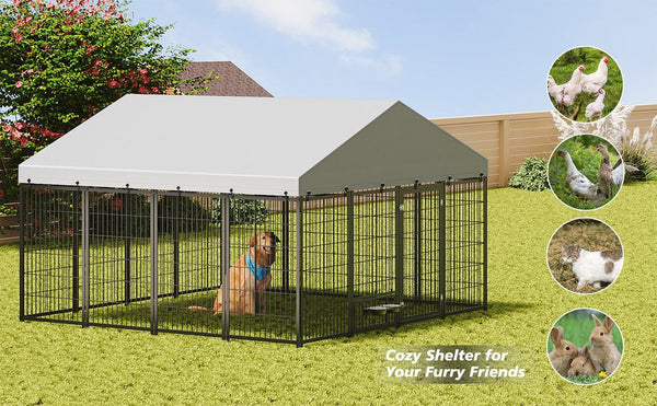 English Elm Large Heavy Duty Metal Dog Kennel Outdoor Run with Waterproof Roof and Secure Panel Frame W1820P318708