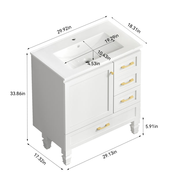 English Elm 30"black Matte Finish Bathroom Vanity with Soft Close Cabinet and Three Storage Drawers White W3133S00017