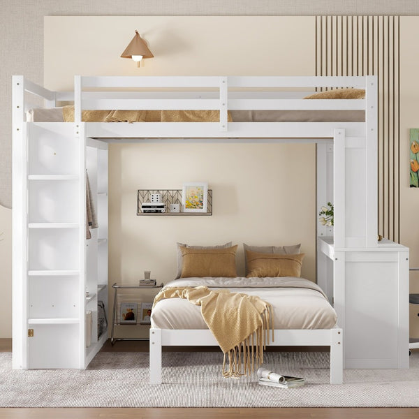 English Elm Queen Multifunctional Solid Wood Bunk Bed With Desk, Dismountable Twin Bed, Shelves & Wardrobe W1580S00214-GIGA