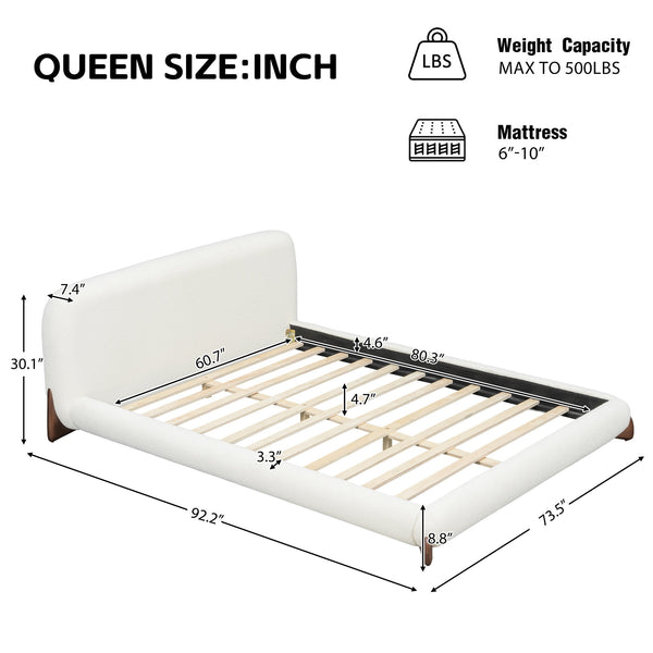 English Elm Queen Boucle Platform Bed Curved Padded Headboard Solid Wood Legs Modern Bedroom N757Q333874W