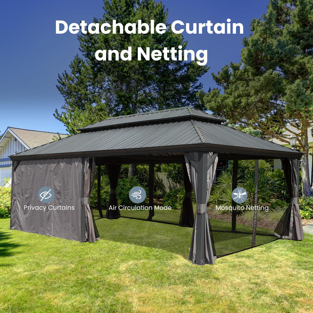 English Elm 14' X 22' Hardtop Gazebo with Drainage System, Dual-Layer Galvanized Roof, Curtains & Mesh Protection Grey W1859S00153