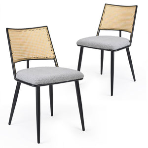 English Elm Dining Chairs Mid-Century Modern Rattan Backrest Bouclé Upholstered Metal Frame Comfortable Design LIGHT GREY T3623P379924
