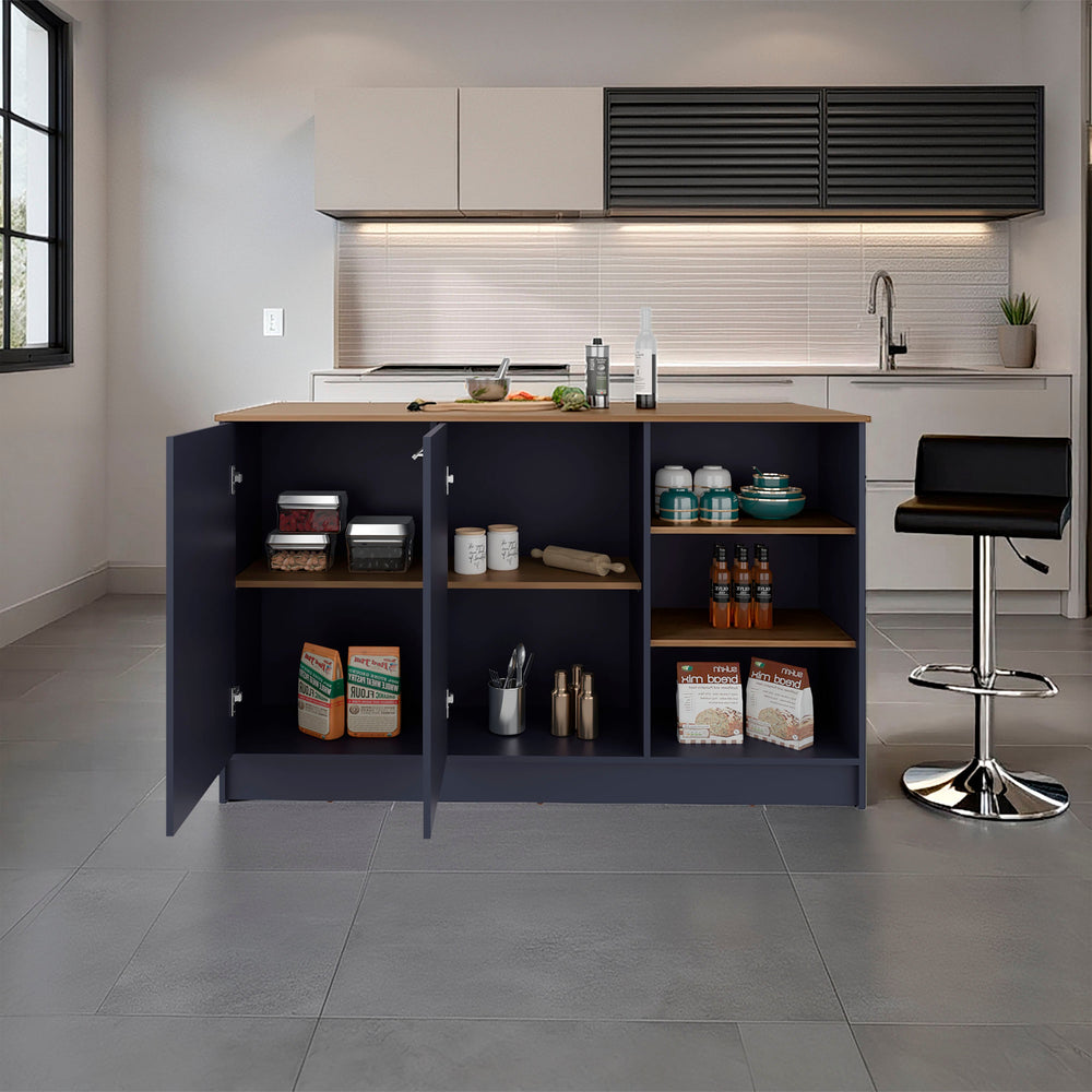 English Elm Kronos Blue Kitchen Island With Natural Oak Finish, Open Storage & Concealed Compartments For Clutter-Free Living B062S01389