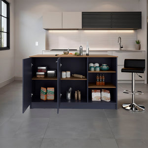 English Elm Kronos Blue Kitchen Island With Natural Oak Finish, Open Storage & Concealed Compartments For Clutter-Free Living B062S01389