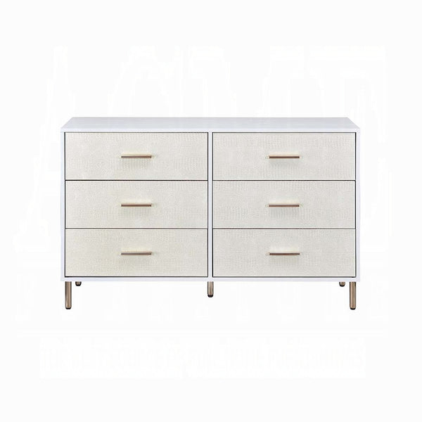 English Elm White Champagne Faux Crocodile 6-Drawer Dresser with Gold Legs and Pulls — Elegant White Frame, Luxe Texture, 47" Wide Storage Retreat B062P209045