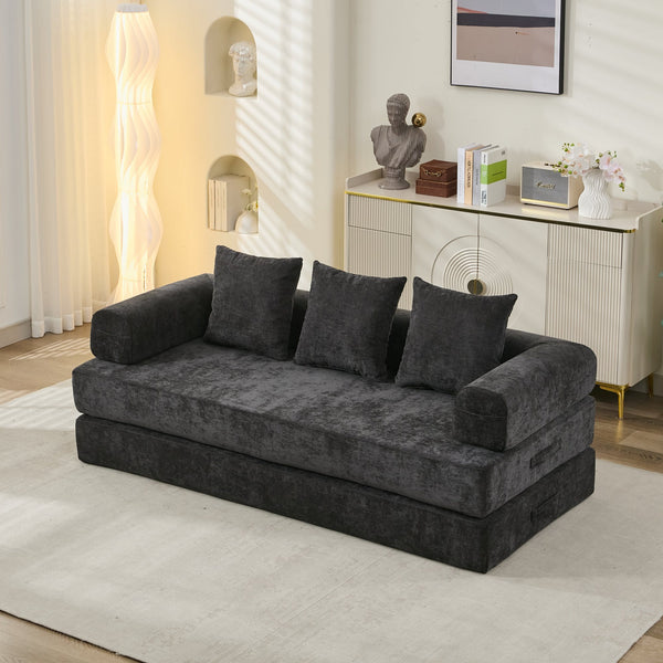 English Elm Comfy Chenille Convertible Folding Mattress Couch Sofa Bed with Armrest, Space-Saving, No Assembly Needed Black W1143P330250