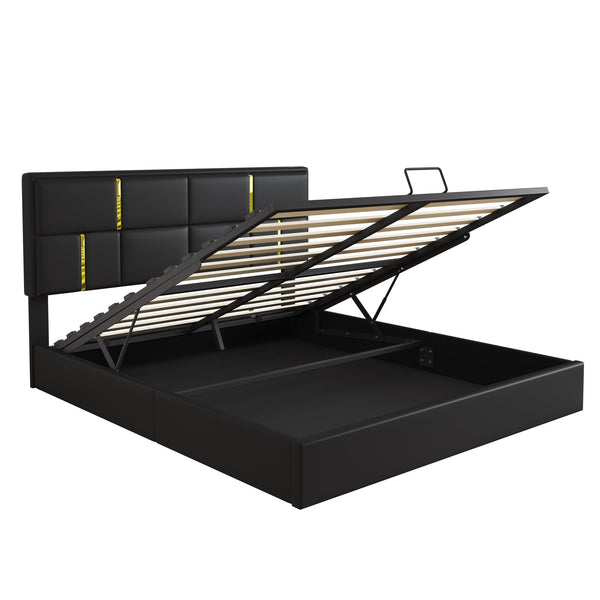 English Elm Queen Upholstered Storage Bed Gas Lift Platform with Gold Trim Pu Headboard N733S362241B