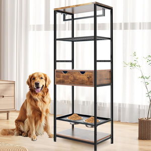 English Elm dog Feeding Station with 3 Adjustable Heights, Stainless Bowls, Spacious Storage Shelves & Drawer – Black Vintage W1687138476