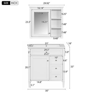 English Elm 30'' Bathroom Vanity Set With Sink, Modern Storage Cabinet, Mirror & 3 Drawers For Efficient Organization SW000127AAK-3