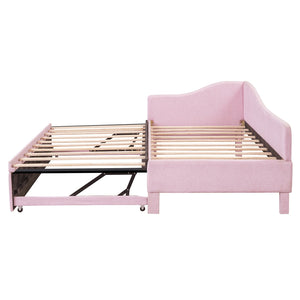 English Elm Twin L-shaped Linen Upholstered Daybed with Hydraulic Pop-up Trundle for Guest Rooms Pink SF000193AAH-1