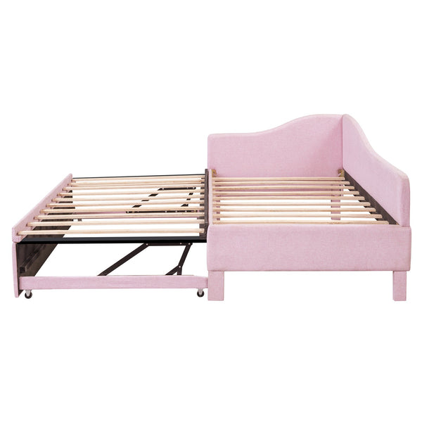 English Elm Twin L-shaped Linen Upholstered Daybed with Hydraulic Pop-up Trundle for Guest Rooms Pink SF000193AAH-1