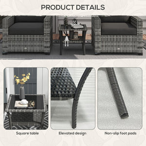 English Elm Outsunny Rattan Side Table With Storage Shelf, Aluminum Frame & Tempered Glass Top For Outdoors W2225P200702-GIGA