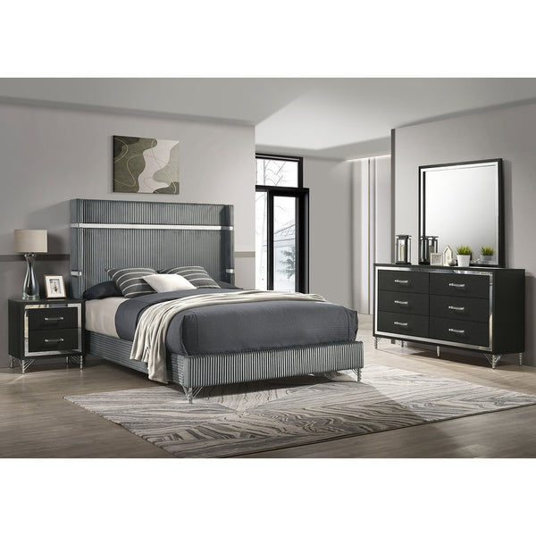 English Elm Malcolm Queen Bedroom Set Velvet Wingback Bed Chrome Accents Glam Suite Grey+Black B062S01746