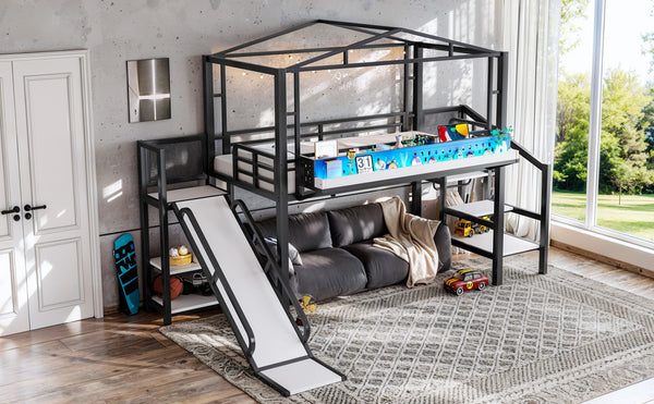 English Elm Twin Metal Loft Bed with Built-in Wardrobe Storage Stairs Led Lights and Usb Ports W5316S00045