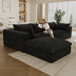 English Elm 118.2" Modular Cloud Sofa Corduroy Upholstered Deep Seat Lounge for Living Room Black W2824S00181