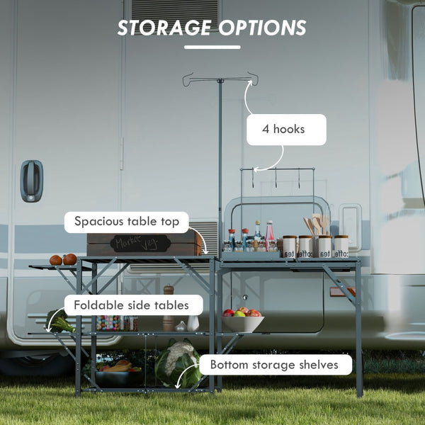 English Elm Outsunny Folding Camp Kitchen Table - Portable Cooking Station With Lantern Holder & Hooks For Bbqs W2225P200483-GIGA