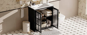 English Elm Christopher Knight Home® - 30" Modern Bathroom Vanity with Ceramic Sink, Tempered Blurred Glass Doors, Rubber Wood Frame Storage Matte Black N817P279904B