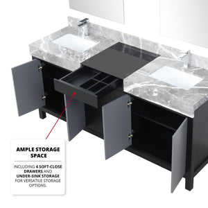 English Elm Black Double Bath Vanity Set - 72” With Castle Grey Marble Top, Chrome Faucets & 28” Mirrors Included B2731S01159