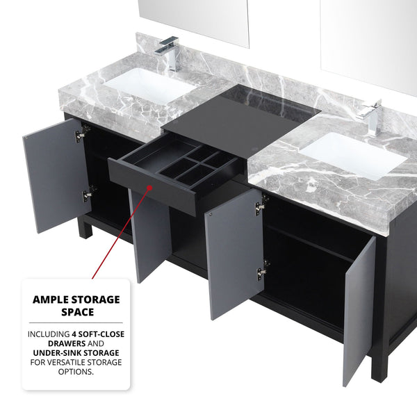 English Elm Black Double Bath Vanity Set - 72” With Castle Grey Marble Top, Chrome Faucets & 28” Mirrors Included B2731S01159