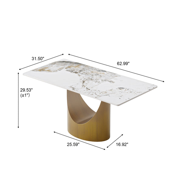 English Elm 63" Modern Rectangular Dining Table With White Sintered Stone Top & Bronze Iron Legs - Seats 6-8! W1535S00553