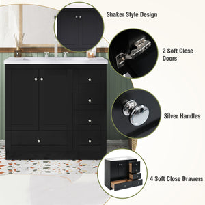 English Elm 36 Inch Shaker Style Free-Standing Bathroom Vanity Cabinet with Resin Sink, Soft-Close Storage Elegance Black SV000021AAB