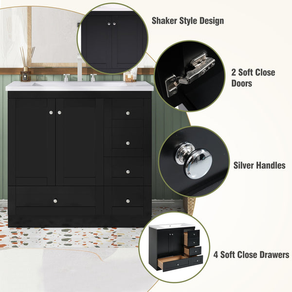 English Elm 36 Inch Shaker Style Free-Standing Bathroom Vanity Cabinet with Resin Sink, Soft-Close Storage Elegance Black SV000021AAB