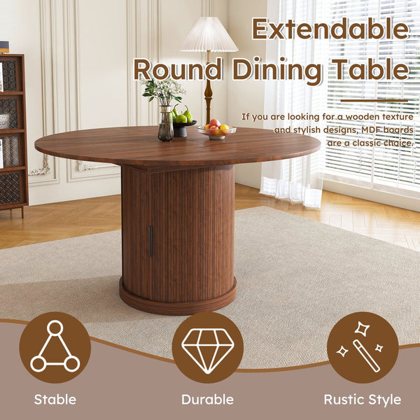 English Elm 47 Inch Extendable Round Dining Table Walnut Finish Seats 8 with Wire Grid Shelf W2700P385519