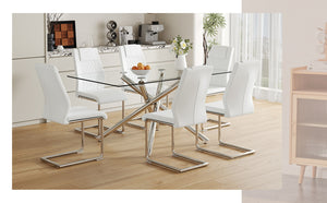 English Elm Table Modern Luxurious Transparent Glass Dining Set With 6 White Pu Chairs & Silver Metal Legs W1151S04126-GIGA