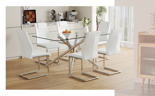 English Elm Table Modern Luxurious Transparent Glass Dining Set With 6 White Pu Chairs & Silver Metal Legs W1151S04126-GIGA