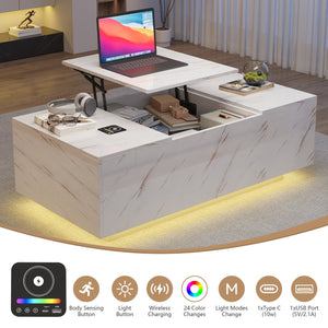 English Elm Coffee Table with Led Lighting Bluetooth Speaker Wireless Charging and Faux Marble Top T3773P415729