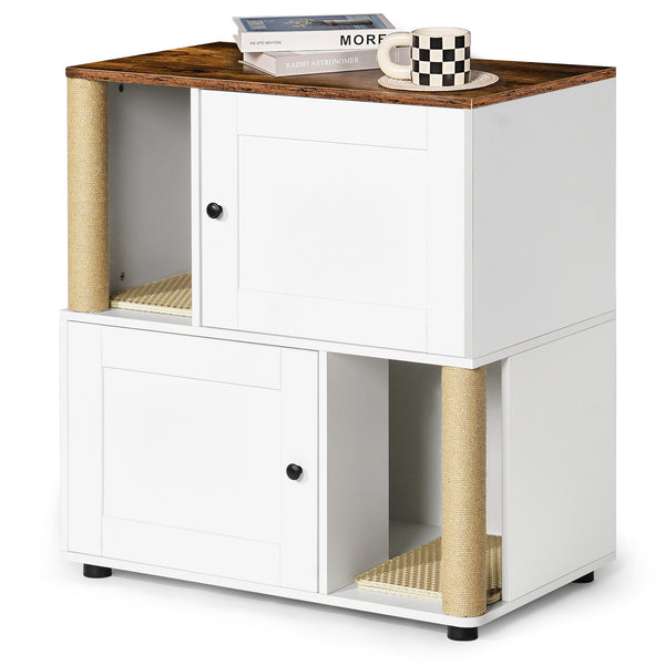 English Elm Double Cat Litter Enclosure Cabinet for Two Cats with Scratching Post, Dual Tray Storage, White Vintage W1687P221394